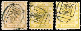 Chan 3. HK$ 12,000-15,000 123 124 123 Seal cancellations type 6 : 1885 thick paper, rough perfs., 3ca.