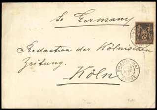 162 1891 (20 Aug.) envelope to Germany (30.9) via Brindisi (27.9) bearing on reverse 1888 perf. 11½-12 3ca.