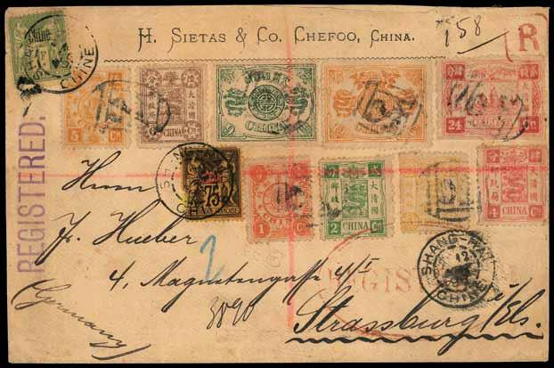 Covers 195 1896 (4 Aug.) H. Sietas & Co. Chefoo, China corner card envelope registered to Strassburg, Alsace, Germany (17.9) bearing Dowager Empress 1ca. to 24ca. (perfs.