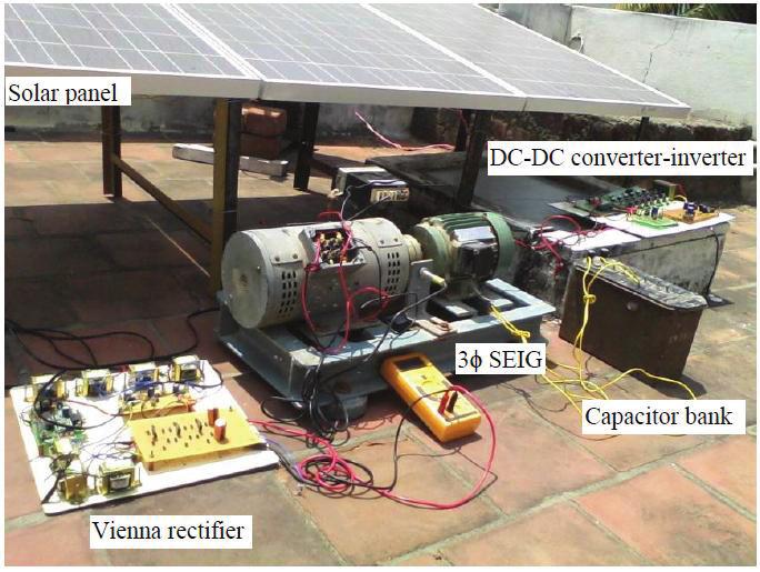 79 6.5 EXPERIMENTAL SETUP AND MACHINE PARAMETERS As per the schematic diagram shown in Fig. 6.1, the experimental setup is fabricated (Fig. 6.5) and it consists of PV array panel, a DC-DC converter, Vienna rectifier, an inverter and a DC motor (for variable speed) driven three phase SEIG.