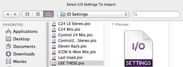 Pro Tools will automatically navigate to its IO Settings folder. Choose USE THESE and click Open.