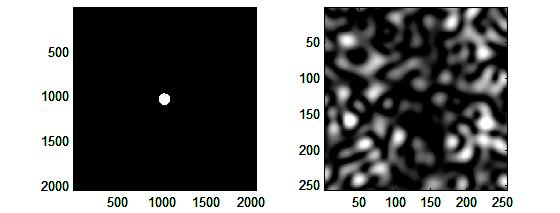 A uniform circular aperture of a radius=64 pixels on a matrix of dimensions 2048x2048 pixels is plotted on the left while on the right is the speckle pattern of the diffuser provided with this