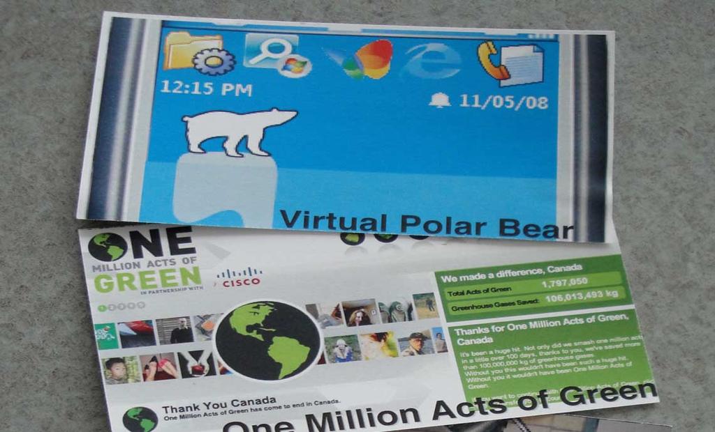 Figure 3: The Technology Cards include the Virtual Polar Bear [7], One Million Acts of Green (http://www.cbc.ca/green/), and Infotropism [11] (shown front and back).