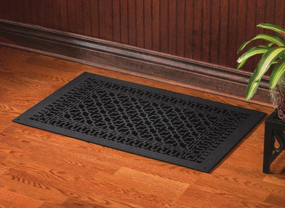 Cast Iron / Data Sheet Ideal for floor Design: Scroll Material: Cast Iron Flange Thickness: 3/16 Total thickness at the designed area: 1/2 Underside Lip Over 30 Sizes Finish: Black Powder-Coat