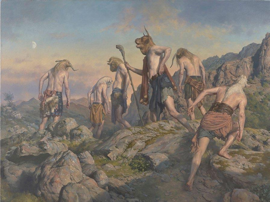 The idea was to depict a small herd of Minotaurs on a pilgrimage to a holy site in the mountains, the figure with the staff being a Shaman or Priest calling to the others to follow.