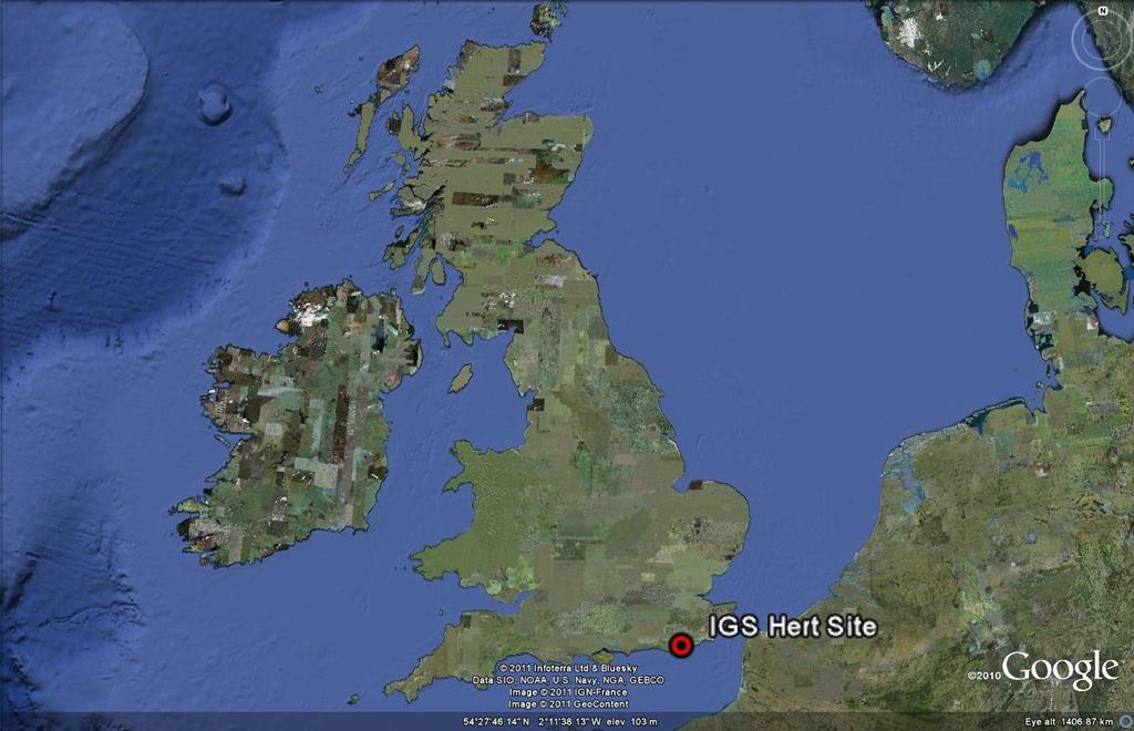 In case there are problems with the data access from SmartNet, data from the Hert IGS site in the South of the UK can be used. The location of the site is shown in the following Google Earth plot.