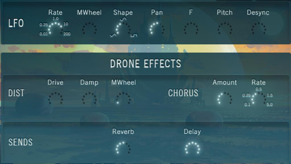 7 LFO & FX PAGE Whereas effects on the Master FX Page are global across all 12 Drones in the current patch, any settings on this LFO & FX page are only active on the current Drone now playing, on the