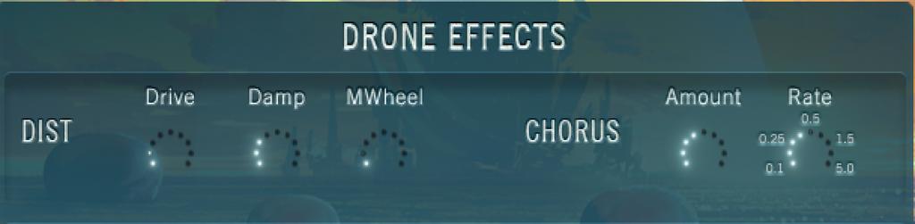DRONE EFFECTS: These insert effects alter the sound of the currently playing Drone, as selected by the last played Drone Key of the 12 key switches.