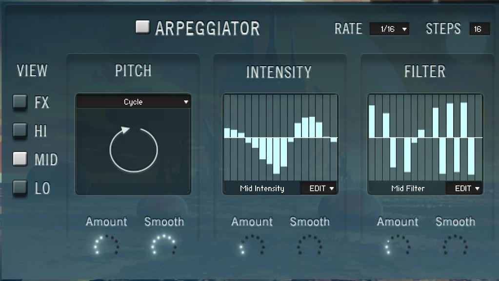 8 ARPEGGIATOR PAGE This is the place to get sounds really moving or pulsing over time, synced to the DAW host tempo.