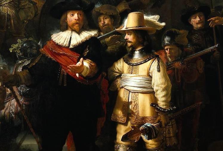 Captain and Lieutenant (detail), Rembrandt, Officers and Men of the Company of Captain Frans Banning Cocq and Lieutenant Wilhelm van Ruytenburgh, known as the Night Watch, 1642, oil on canvas, 379.