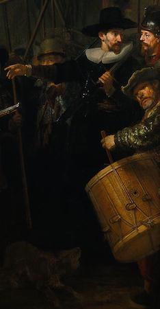 Drummer (detail), Rembrandt, Officers and Men of the Company of Captain Frans Banning Cocq and Lieutenant Wilhelm van Ruytenburgh, known as the Night Watch, 1642, oil on canvas, 379.5 x 453.