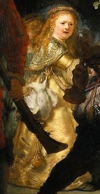 Personification of the Kloveniers (detail), Rembrandt, Officers and Men of the Company of Captain Frans Banning Cocq and Lieutenant Wilhelm van Ruytenburgh, known as the Night Watch, 1642, oil on