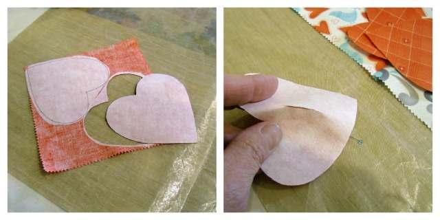 You will be able to fit 2 hearts per square if you're careful. 4. Cut out hearts on drawn line carefully. Remove paper layer from fused hearts.