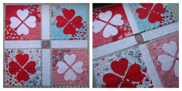 Lay out the 4-patch applique blocks, sashing