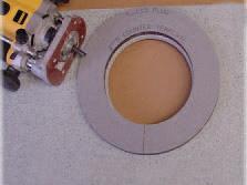 Hot melt template with 4 18mm round size dabs of glue to counter so crack is encompassed and rout using a 1 Template