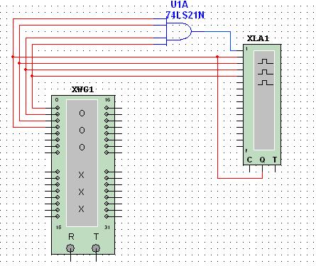 The ND Gate Multisim circuit is shown. WG is a word generator set in the count down mode.