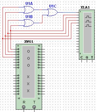 The OR Gate Multisim circuit is shown. WG is a word generator set to count down.