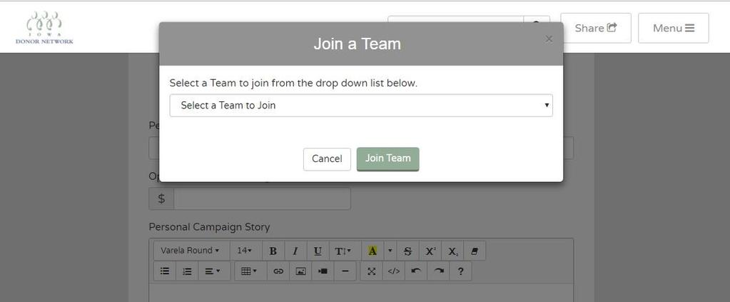 STEP 5. To join a team To join a team, select Join a Team from your personal fundraising page. This page should appear.
