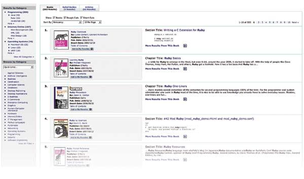 Targeted search query (Ruby) with a digital library from Safari Books Online. Results are all technology specific.
