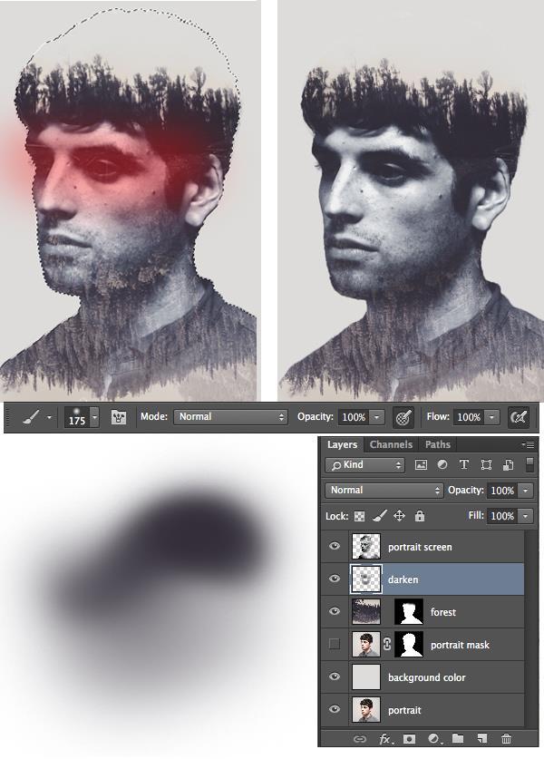 Create a New Layer beneath the desaturated portrait layer, take the Brush Tool (B) again and switch the Fill color to dark blue ( #2f2c35 ), which you can pick directly from the hair part of the