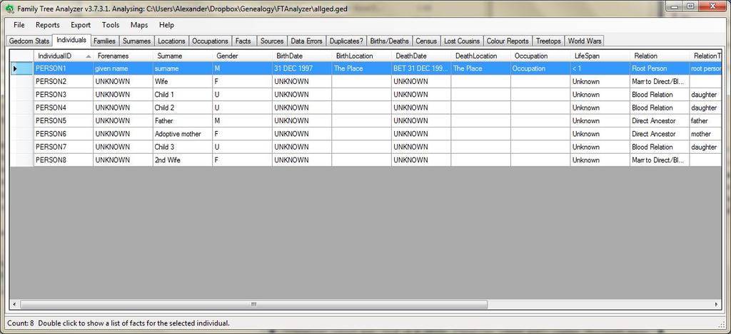 Basic Tabs Individuals Tab This is one of the simplest reports FTAnalyzer produces, it simply lists those individuals in your tree and their basic stats.