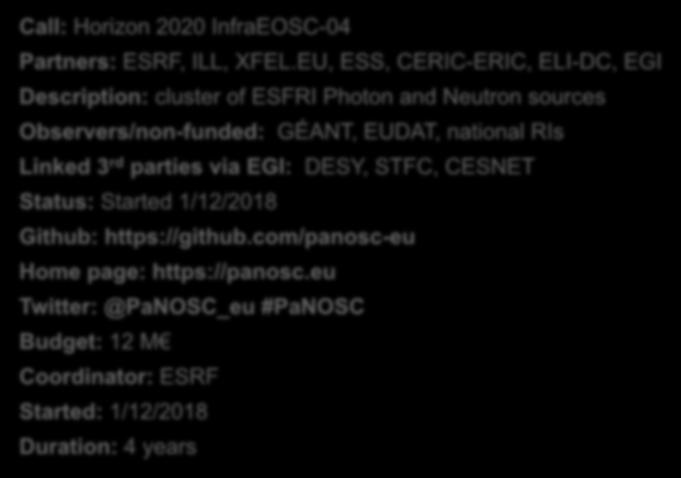 PaNOSC project - factsheet Call: Horizon 2020 InfraEOSC-04 Partners: ESRF, ILL,