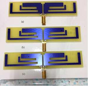Design and Application of Triple-Band Planar Dipole Antennas 803 Figure 13. Photography of fabricated TSAD antennas. (a) L1 = 39mm. (b) L1 = 41mm. (c) L1 = 43mm. Figure 14.