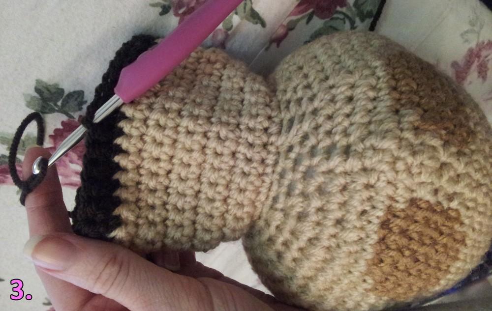 Change color to Dark Brown 11-12. 30sc, ch1 turn. Slip stitch across the gap into the first stitch of the row, closing the gap. F/o Teemo Legs With dark brown yarn: 1. Flatten the body as shown.