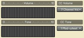Mimics Volume and Tone knobs on an electric guitar. Default CC7 for volume, CC1 for tone or user definable via drop menus. Tone knob yields a muddier tone at lower settings.