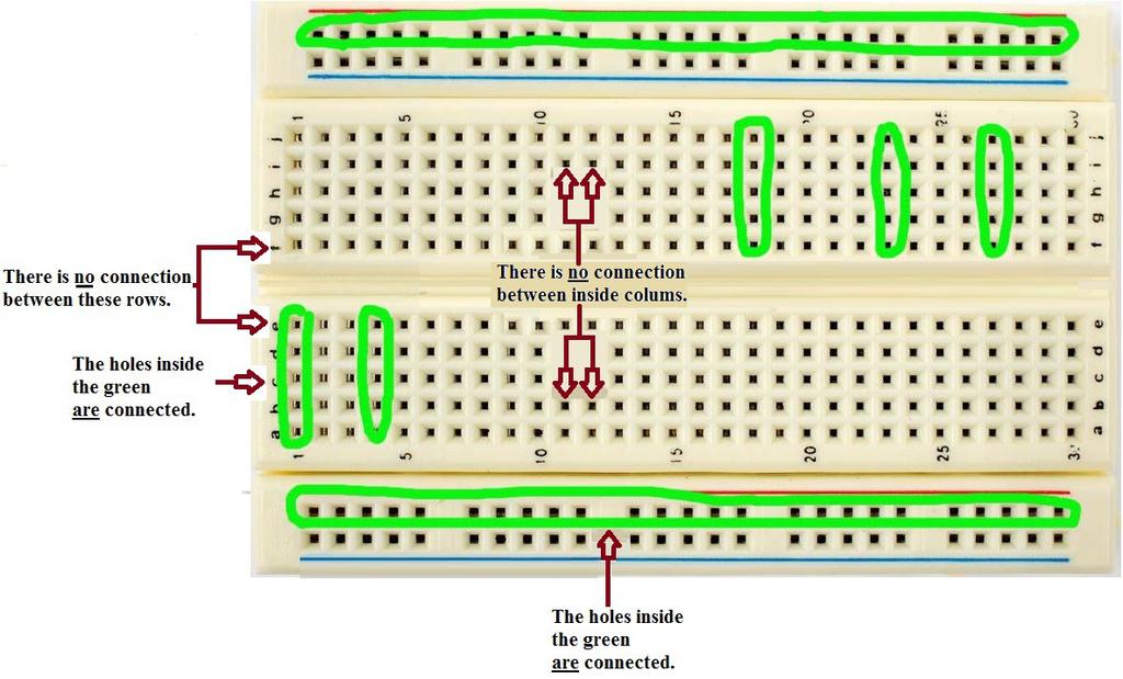 16 Main Index How to Read a Schematic And Basic Electronics Table Of Contents In this experiment, you will use a breadboard: The holes inside the circles are connected to each other.