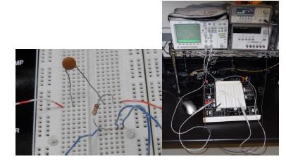 34 RC TIME-CONSTANT APPLICATIONS Figure 5.8: Breadboard layout of the high-pass filter and the high-pass filter measurement setup. db = 10 log 10(P out /P in ) (5.