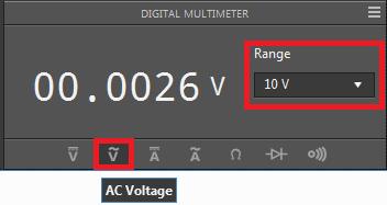 This configures the DMM to take RMS measurements instead of regular averaging. From your simulation, you know that the expected voltage is around 1.768 Vrms. Therefore, set your DMM to the 10 V range.