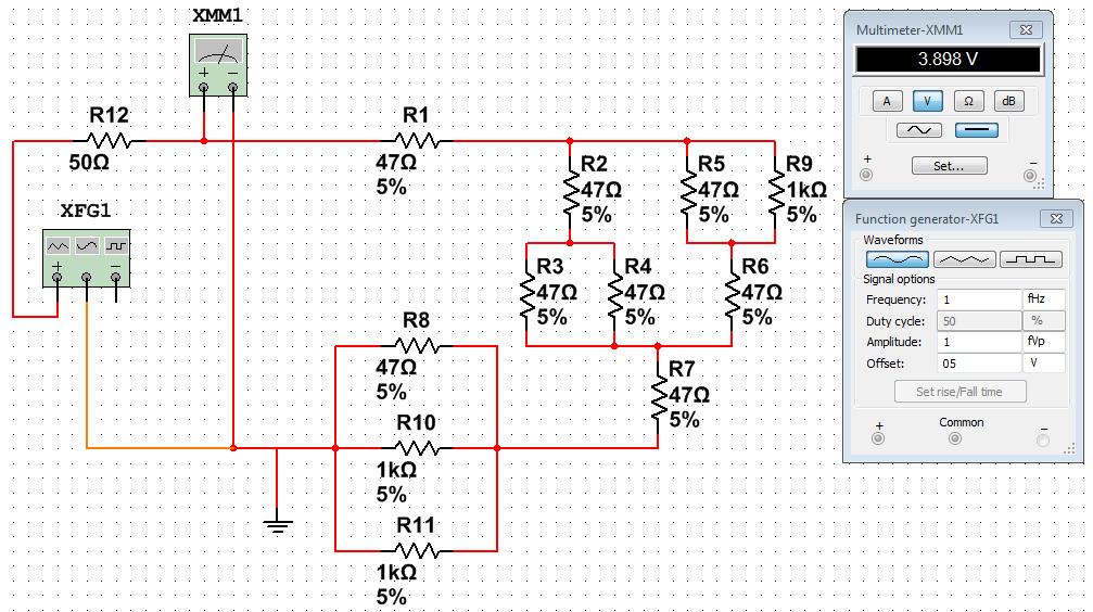 Figure 2.15. Circuit Model Corrected for FGEN Output Impedance Just considering the case where you used a DC signal source, you can now simulate the circuit again. Figure 2.