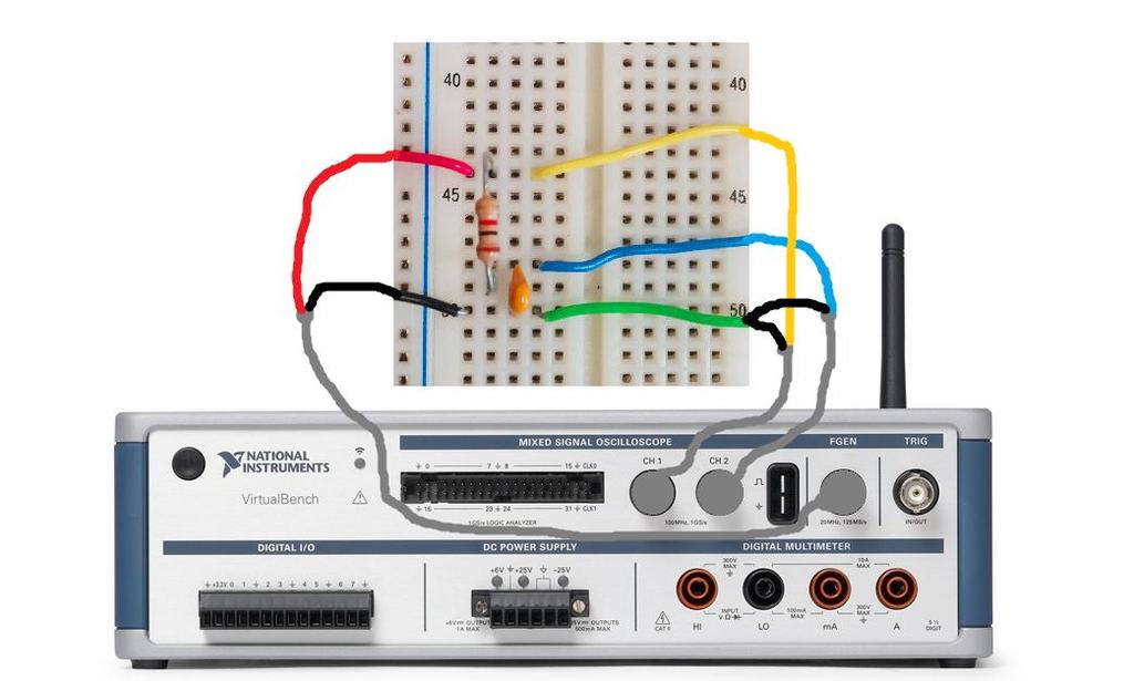 Figure 3.20. Physical Circuit Connections to VirtualBench for RC Circuit 2. Launch the VirtualBench application. 3. Enable channels 1 and 2 of the MSO by clicking the square icons next to the channel names.