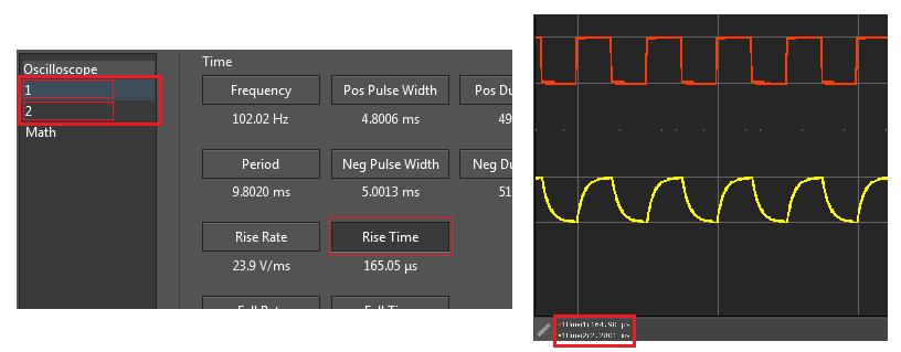 In the Measurements toolbar, configure a Rise Time measurement under the Time Category for both channels 1 and 2.