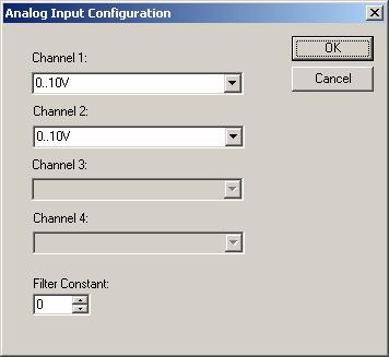 第 14 章 PAGE 75 Output State On Controller Stop 选项是当控制器处在停止状态时用户如何去定义不变的数字量输出的 值, 此时, 既可以保持原来的值又可以对值进行缺省操作 14.8 模拟量输入配置 以下是模拟量输入配置的简单介绍 图 0.3 模拟量输入配置对话框 客户可以对其每个通道的模拟量类型进行逐一设置, 以下 3 种方式都可以分别设置 - 0.