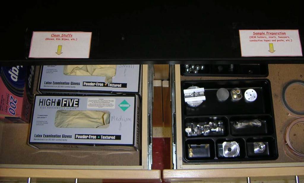 Fig. 1 Specimen preparation area and drawers showing preparation tools. Login to Computer 1. Start by filling out the log book. 2. Log in to the computer (ctrl + alt + del).