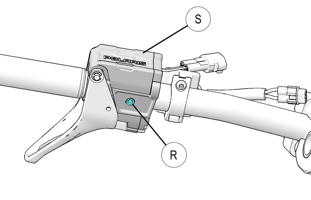 Remove e-clip (T), throttle lever pin (U) and adjustment washers (V).
