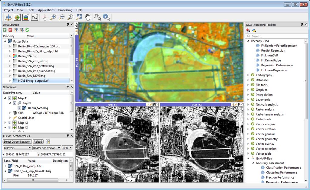 5 Random Forest regression using all spectral bands To explore the additional value of the Sentinel 2 bands not represented in the NDVI, you will now use a Random Forest regression with all 9