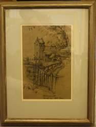 #080 Church on Hill sketch Pencil on paper - framed with glass 100 UD