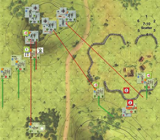 The 1st Squad is disrupted because the Final Fire Result of 7 is greater than the 1st Squad s Cohesion of 6. American 2nd Squad, 2nd Platoon: The die roll is 8, +2 for the MDRM marker = 10.