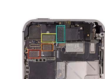Remove the five cables near the top of the logic board in the following order: Headphone jack/volume button cable Front facing camera cable Digitizer cable Display data cable Power