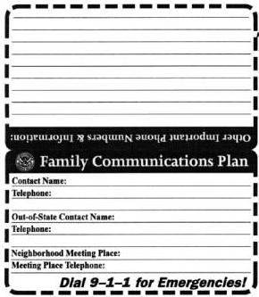 Communications Plan Written Plan Review and Test Regularly For your Family Family Reunion Spot Phone Contacts Out of Town Contact Coordination with other disaster plans (employer, school or day care)