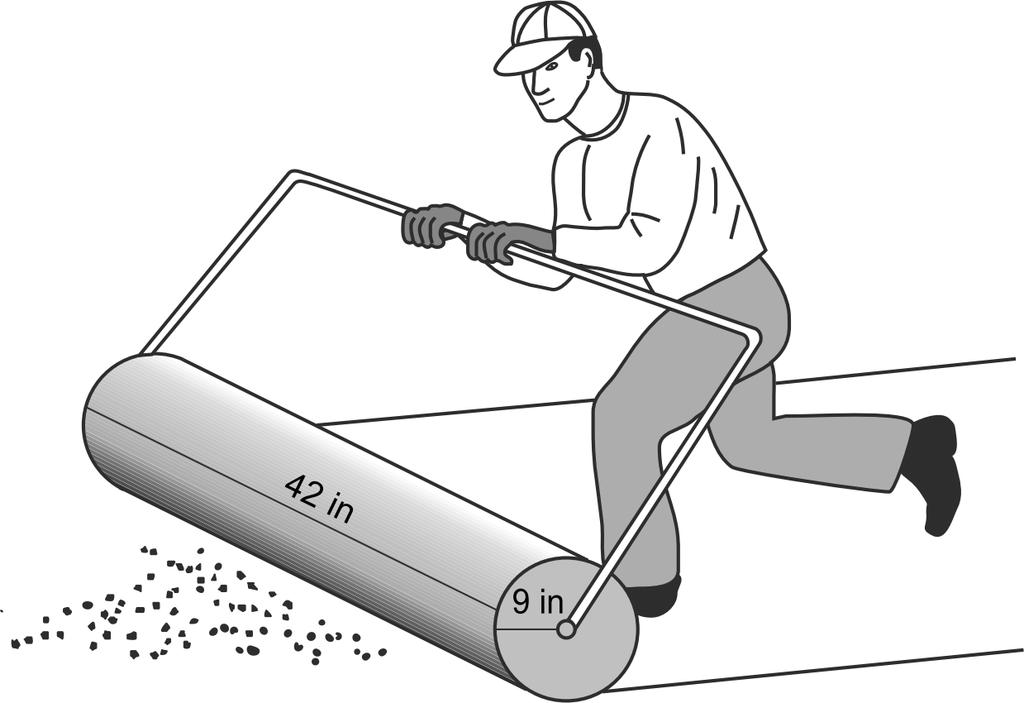 15. As shown in the diagram below, a landscaper uses a cylindrical lawn roller on a lawn. The roller has a radius of 9 inches and a width of 42 inches. 17.