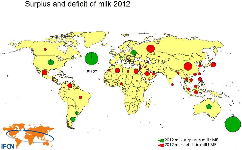 Dairy experts predict dairy trade flows to expand Prime export regions: NZL, NW Europe, USA, Argentina Prime import regions: China, Russia, (sub) tropical latitudes Milk usually is shipped as powder