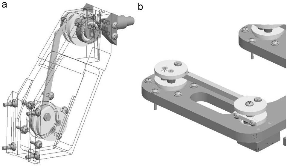 Fig. 6. Detail of the articulated mechanisms that drive the eye sub-system: (a) tilt driving mechanism (crank, follower and output link. The mechanism support is translucent.