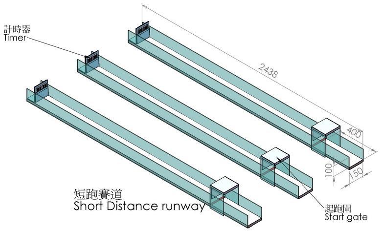 Game Field Specification 1. Level runway is used for preliminary rounds. The track is 2000mm long. The starting block is 400mm long. 2. The runway has 3 