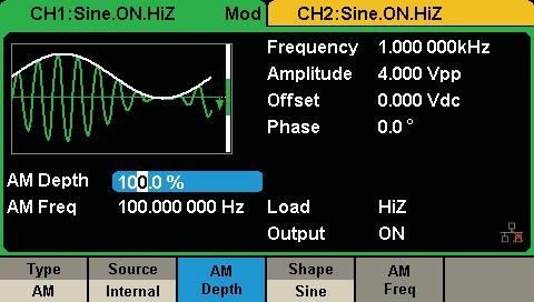 Touch Screen Display The generator can only display parameters and waveform of one channel at a time. The picture below shows the interface when CH1 chooses AM modulation of sine waveform.