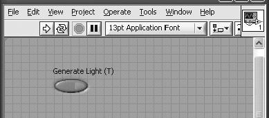 Chapter 2 Let There Be Light 25 Figure 2.21 Pushbutton Control Switch windows to the Front Panel (see Figure 2.21) and you will find that LabVIEW has automatically installed a pushbutton on it.