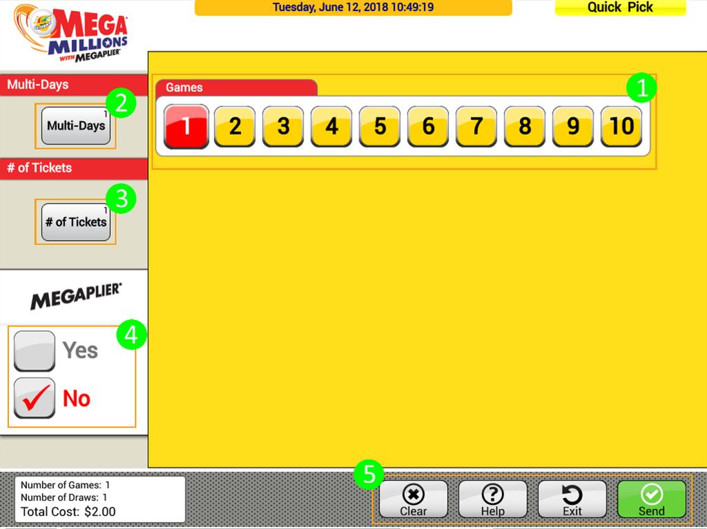Mega Millions Results and Jackpots The retailer can press the game information button to bring up the menu for the selected game.